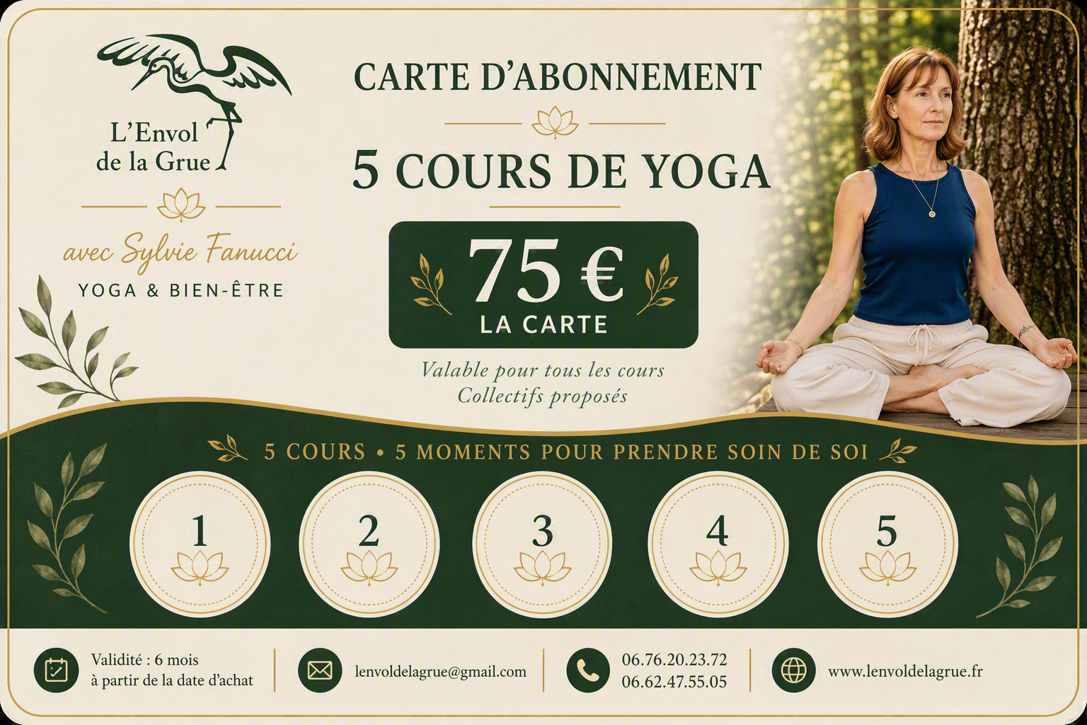 Carte de 5 cours de Yoga à 75 euros, valable 6 mois